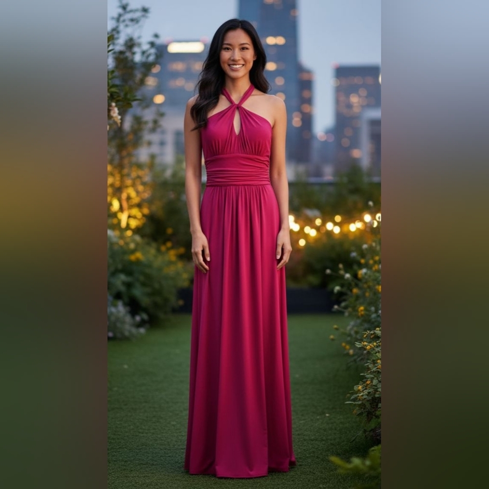 BCBGMaxaria Elegant Halter Maxi Dress in Rouge